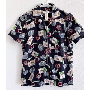 Jones New York Shirt Womens PS Blue Linen Nautical Coastal Beachy Preppy Vintage